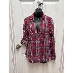 Skies Are Blue Women's Plaid Top Roll Tab Long Sleeve - Size Large